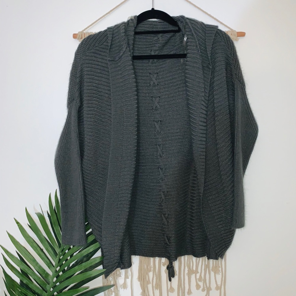 Hooded lace up back batwing cardigan